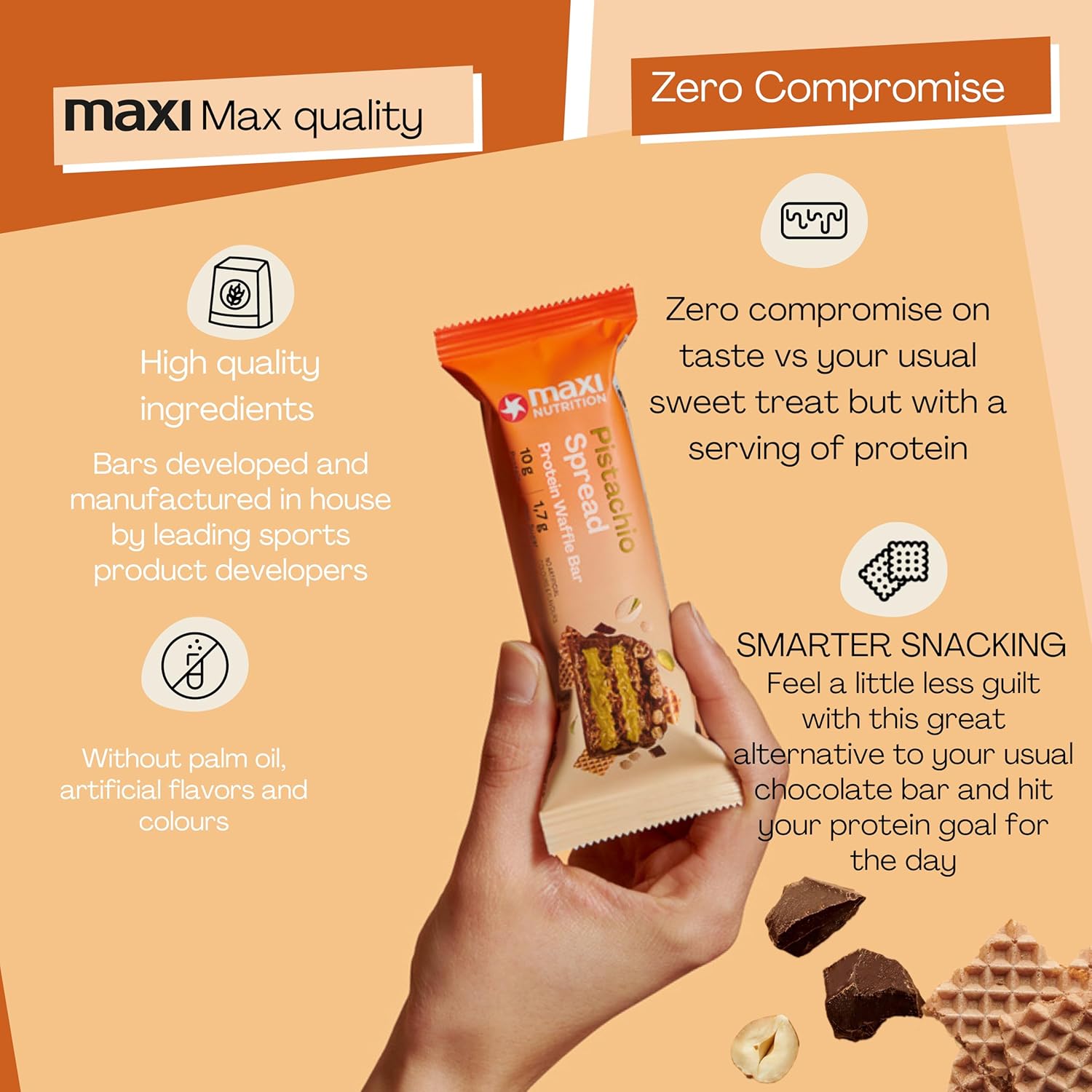 MaxiNutrition Hazelnut Spread Protein Waffle Bar, 202 kcal, 9.7g protein, 12 x 39g bars : Amazon.co.uk: Health & Personal Care