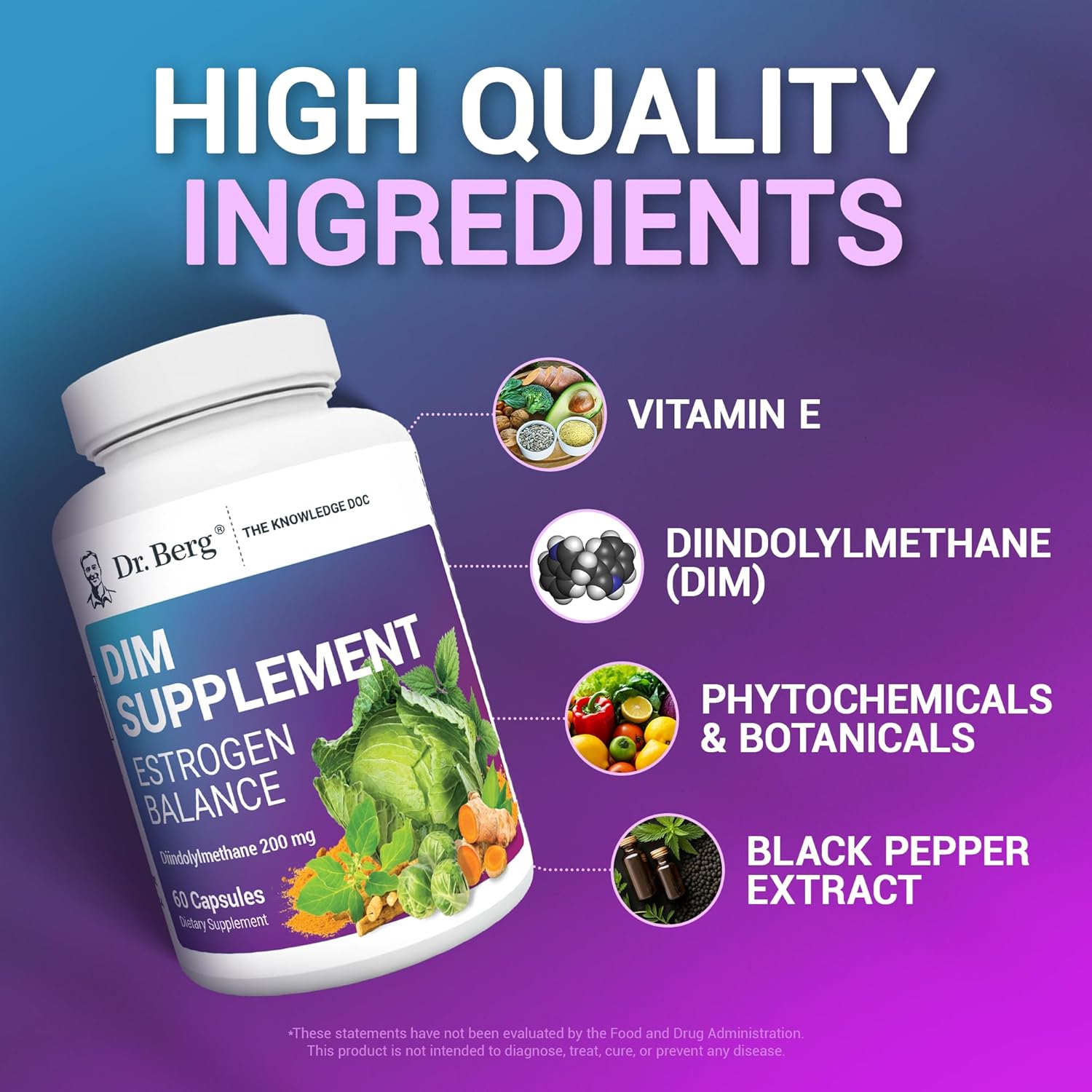 Dr. Berg DIM Supplement Estrogen Balance - Original Estrogen Supplement for Women with Diindolylmethane for Menstrual Symptoms & Menopause Relief & Black Pepper for Enhanced Absorption - 60 Capsules : Health & Household