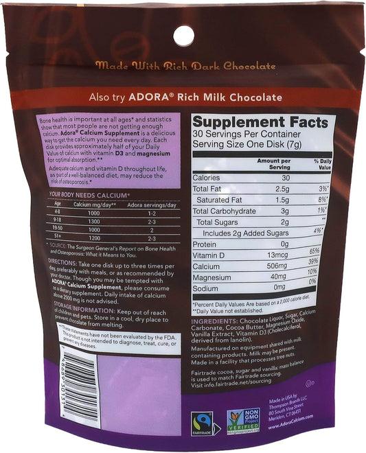 Adora Calcium Supplement, Fairtrade Dark Chocolate, Single Pack - 30 Ct