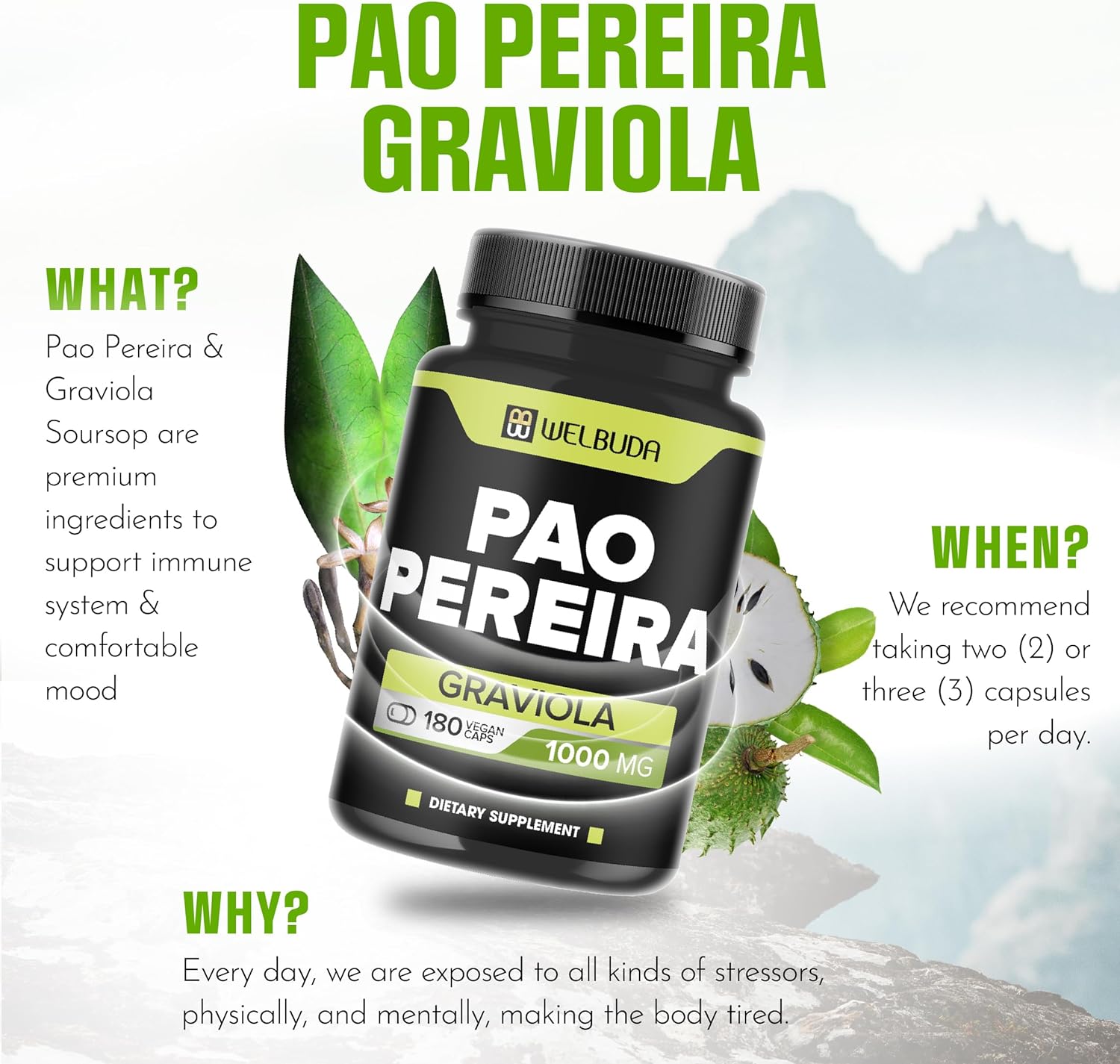 180 Capsules - 600mg Pao Pereira Herb Extract 10:1 with 400mg Graviola Soursop - Combined Formula for Immune System, Comfortable Mind, Body Management & Strength Support : Health & Household