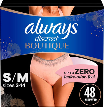 Always Discreet Boutique Incontinence And Postpartum Underwear For Women, Maximum Protection, S/M, Rosy, 48 Count