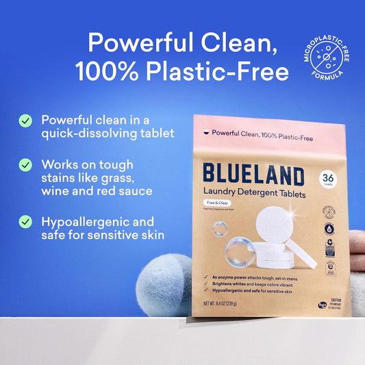 Blueland Laundry Detergent Tablets, 60 Count, Plastic-Free Eco-Friendly Pods, Sheets, Liquid Alternative - Fragrance Free And Clear, Natural, Gentle