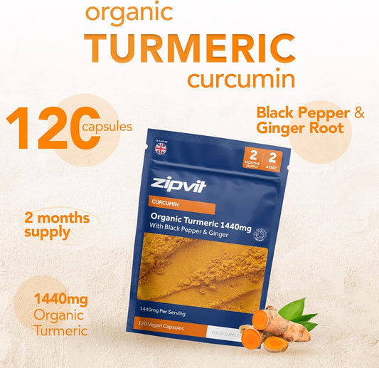Zipvit Organic Turmeric Curcumin 1440Mg With Organic Black Pepper And Ginger Root, 120 Vegan Capsules, 2-Month Supply, Soil Association Certified, High Strength Turmeric Supplement