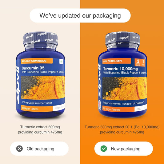 Zipvit Curcumin 95 With Bioperine, Turmeric Curcumin Supplement With 95% Active Curcumin. 90 Vegan Tablets, 3 Months Supply. Vegetarian Society Approved Curcumin Supplement