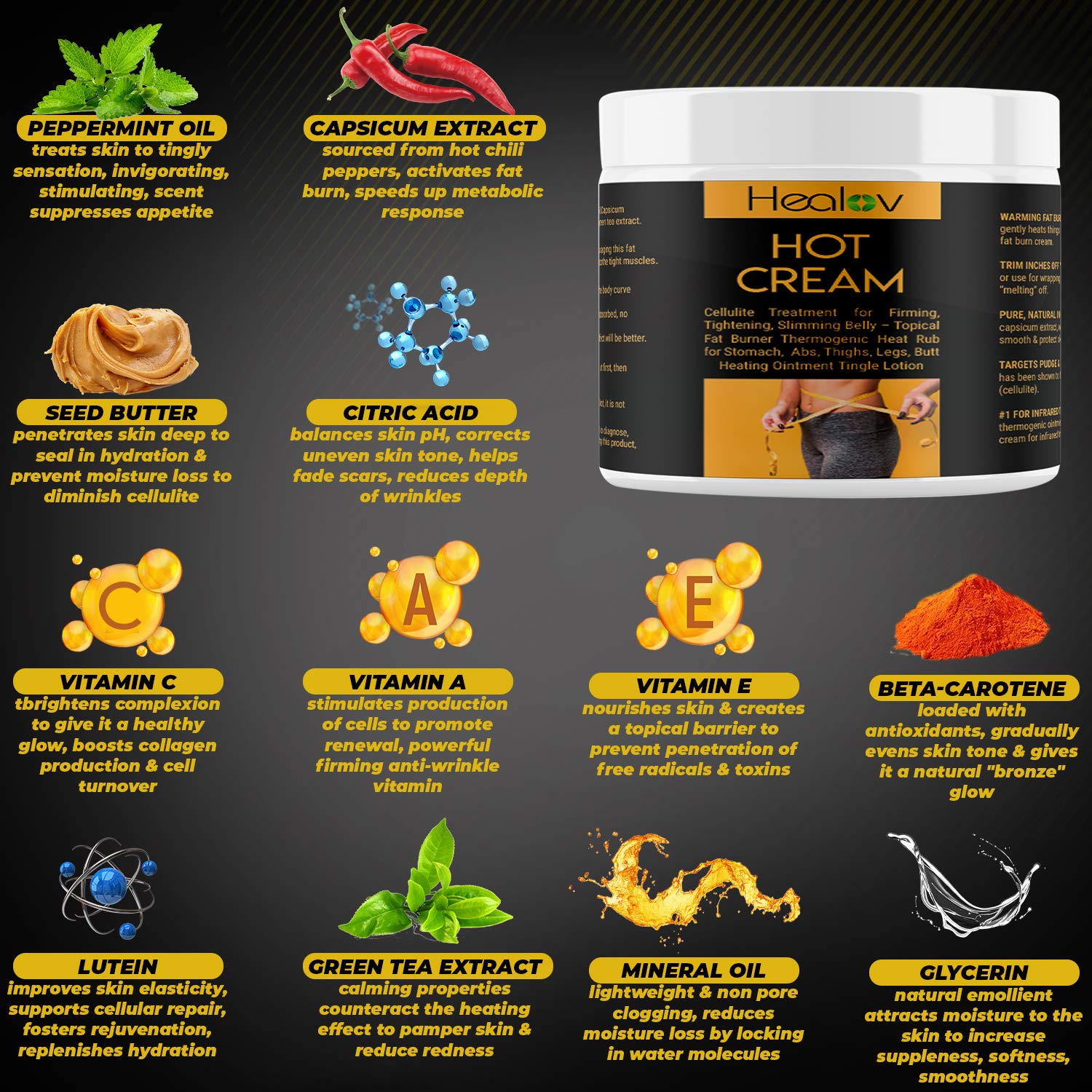 Healov Hot Cream Cellulite Treatment For Firming, Tightening, Slimming Belly – Topical Fat Burner Thermogenic Heat Rub For Stomach, Abs, Thighs, Legs, Butt – Heating Ointment Tingle Lotion : Health & Household