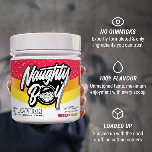 Naughty Boy Hydration & Electrolyte Drink Mix With Over 2400Mg Of Electrolytes Per Serving, Creatine & Taurine To Aid Cell Volumization And Added Super Reds- 127.5G/15 Servings (Cherry Mango)