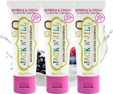 Jack N' Jill Natural Certified Toothpaste - Baby & Toddler Toothpaste, Fluoride-Free, 40% Xylitol, Sugar-Free, Safe For 6 Months And Up, Makes Tooth Brushing Fun, Organic Berries & Cream, 3 X 50G