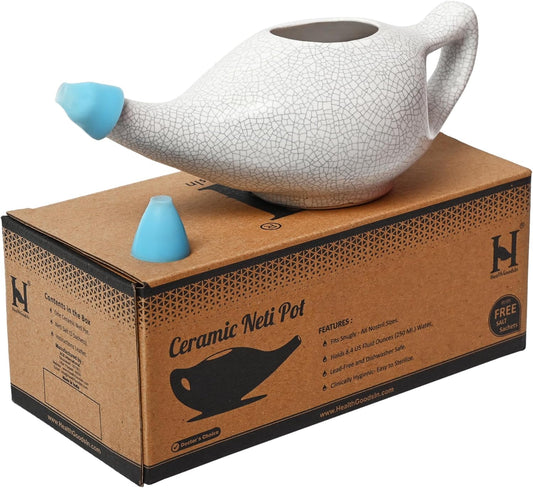 Healthgoodsin Ceramic Neti Pot With Salt, Dishwasher Friendly, With 2 Detachable Silicone Nozzle Tip, Holds 225 Ml (7.6 Fl Oz) Water - Crackle Pattern Ivory