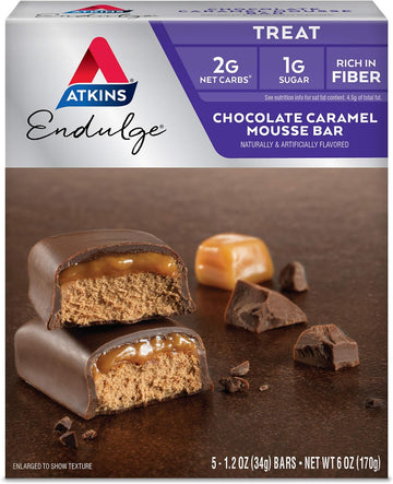 Atkins Endulge Chocolate Caramel Mousse Bar, Dessert Favorite, 1G Sugar, High In Fiber, 5 Count