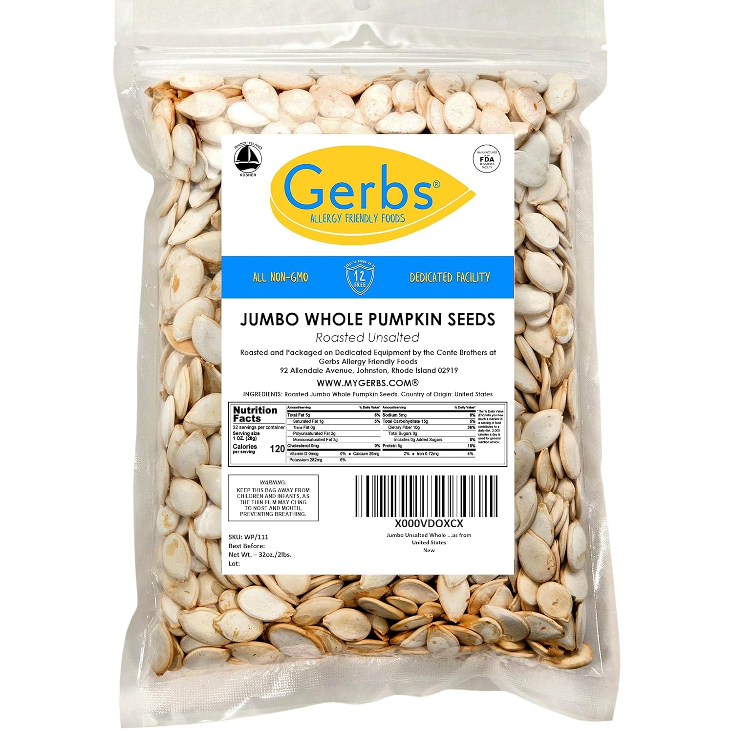 Jumbo Size Unsalted Pumpkin Seeds in Shell by Gerbs - 2 LBS - Top 11 Food Allergen Free & Non GMO - Premium Dry Roasted Whole Pepitas β COG USA