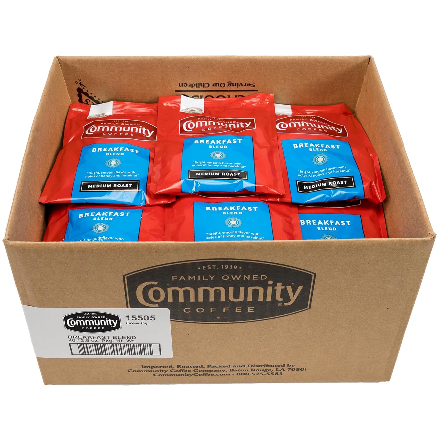 Community Coffee Ground Coffee Packets, Breakfast Blend Medium Roast, Pre-Measured 2.5 Ounce Individual Coffee Packets, Box Of 40