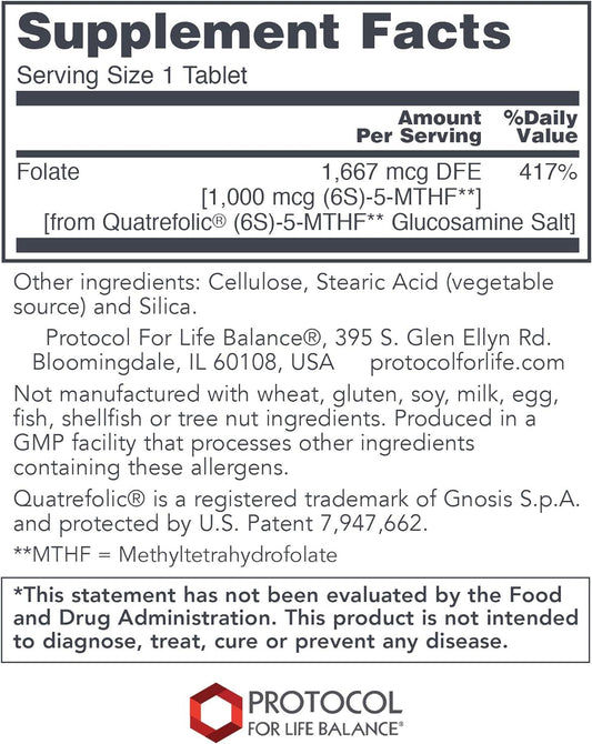 Protocol 5-Methylfolate 1,000Mcg - Superior Methyl Folate Bioavailability - For Brain Support* - Folate Supplement For Women & Men - Kosher & Vegan - 90 Tabs