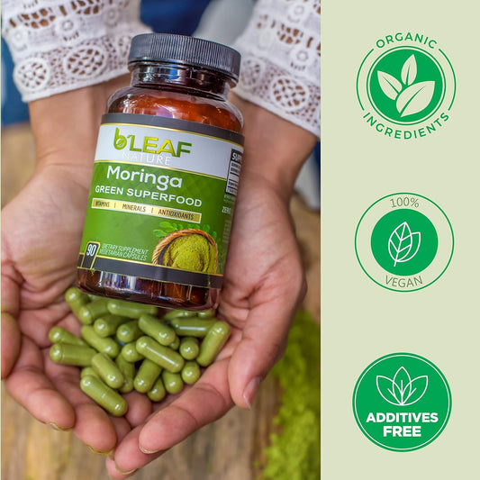 B'Leaf Nature Organic Moringa Oleifera 90 Capsules, 1000Mg – Organic Moringa Powder Capsules - Pure Moringa Leaf Capsules Energy Natural Wellness & Immune Support – Vegan, Non-Gmo Moringa Supplement