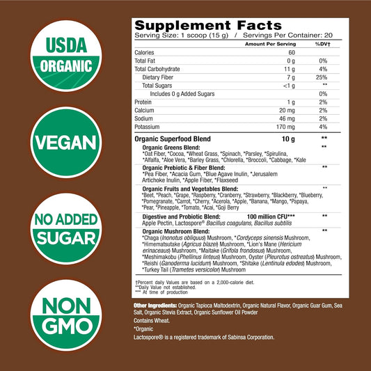 Country Farms Super Greens Chocolate Flavor, 50 Organic Super Foods, Usda Organic Drink Mix, Fruits, Vegetables, Super Greens, Mushrooms & Probiotics, Supports Energy, 40 Servings, 10.6 Oz, 2 Pack