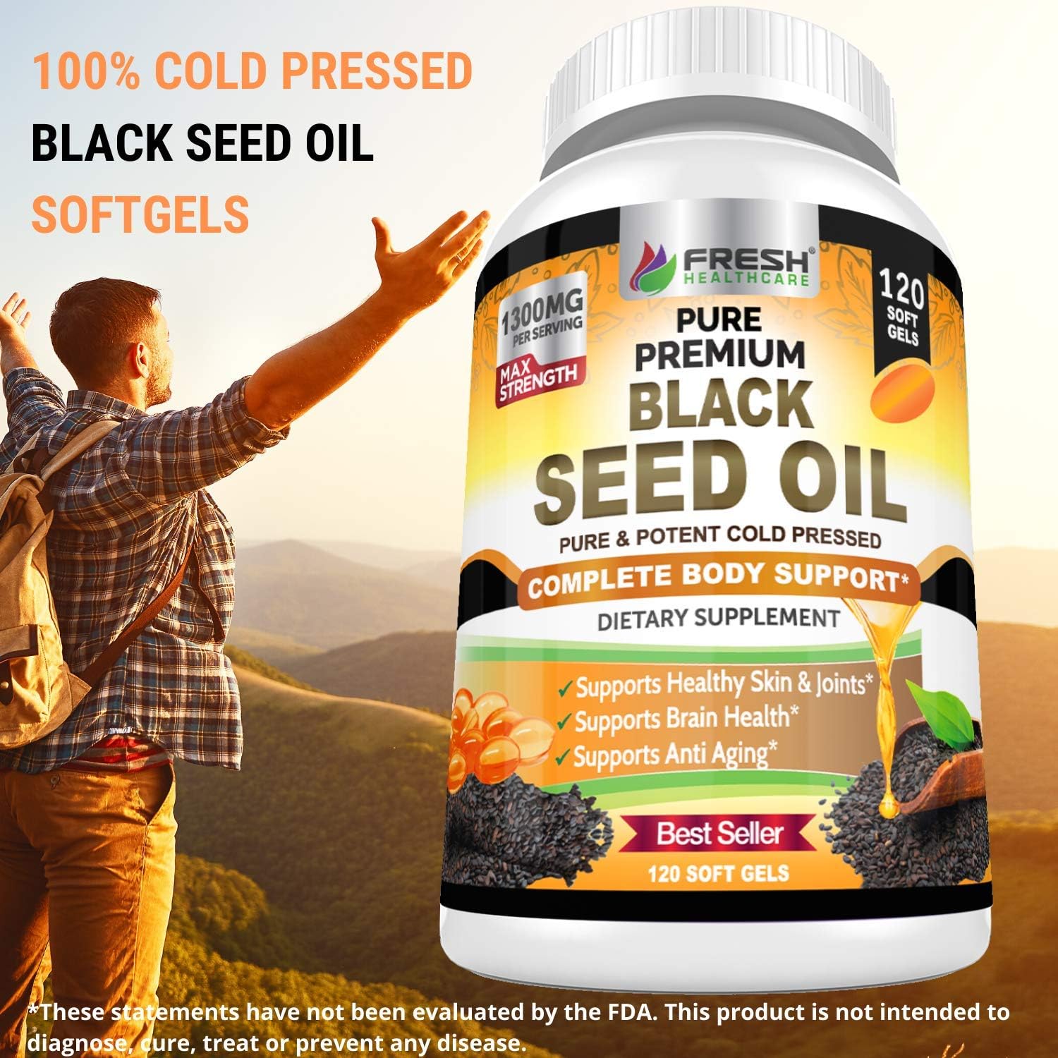 Fresh Healthcare Black Seed Oil Capsules Cold Pressed 1300Mg - 100% Pure Non-Gmo Nigella Sativa - Immune & Joint Support - Premium Softgel Supplement : Health & Household