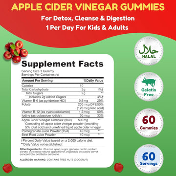 Halal Apple Cider Vinegar Gummies. Cleanse & Detox Acv Gummies For Immune Support & Digestion. Vegan, Non-Gmo, Keto Friendly, Gelatin Free Apple Cider Gummies. 60 Count, 60 Servings