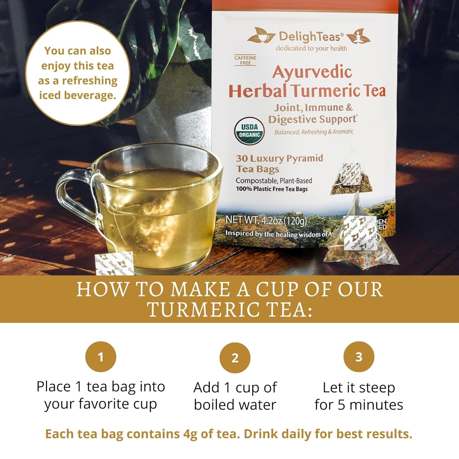 Delighteas Organic Turmeric Ginger Tea | Ayurvedic Loose Leaf Herbal Turmeric Tea For Joint, Immune & Digestive Support | Caffeine Free, Unsweetened | 50 Servings, 4Oz. : Grocery & Gourmet Food