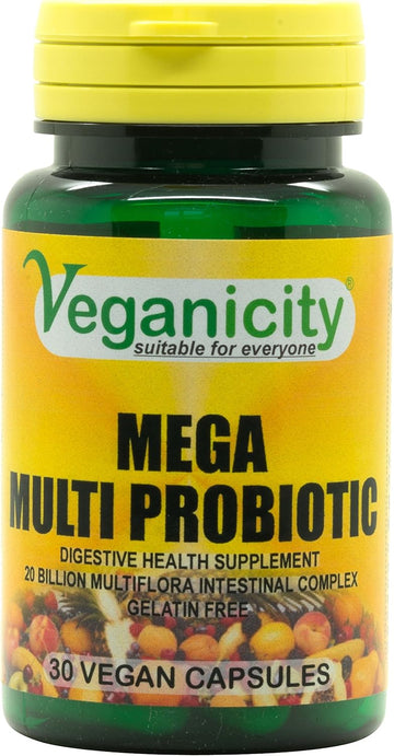 Veganicity Mega Multi Probiotic 20 Billion Multi-Strain Probiotic : Digestive Health Supplement : 30 Vegan Capsules, In A Planet-Friendly 99% Recycled Pot