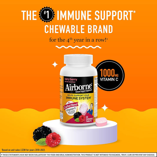 Airborne Vitamin C 1000Mg (Per Serving) Very Berry Chewable Tablets (32 Count In A Box), Gluten-Free Immune Support Supplement, With Vitamins A C E, Zinc, Selenium, Echinacea & Ginger, Antioxidants