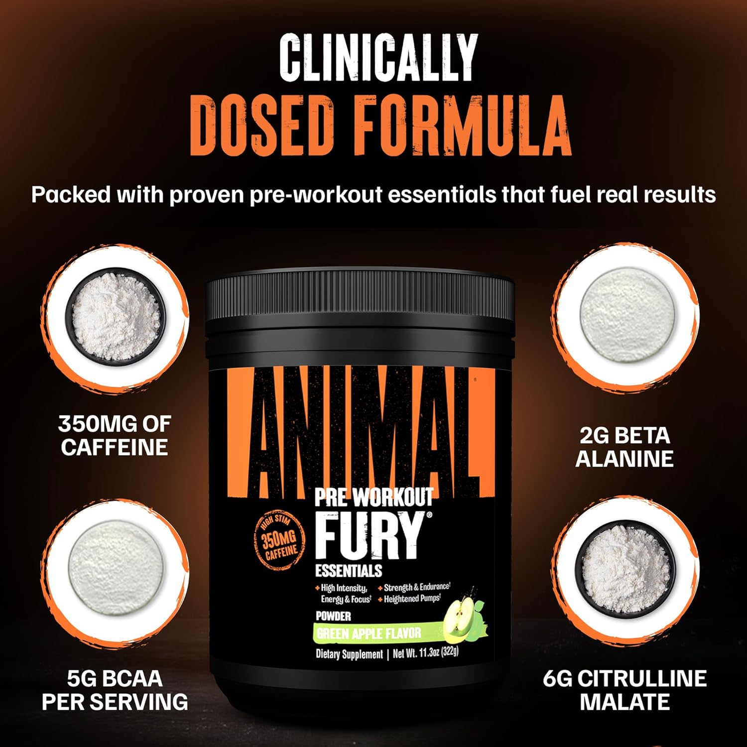 Animal Fury Pre Workout Powder - Green Apple, 350Mg Caffeine, Bcaa Amino Acids, 2G Beta Alanine, Citrulline & Tyrosine, Energy, Focus, Strength, Endurance, Preworkout For Men & Women, 20 Servings : Health & Household