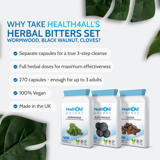 Health4All Wormwood, Black Walnut, Cloves Digestive Intestinal Detox Cleanse For Humans Set, 3X90 270 Capsules, 3 Step Gut Cleanse & Repair, Purest Vegan Intestinal Detox Supplement | Made In Uk