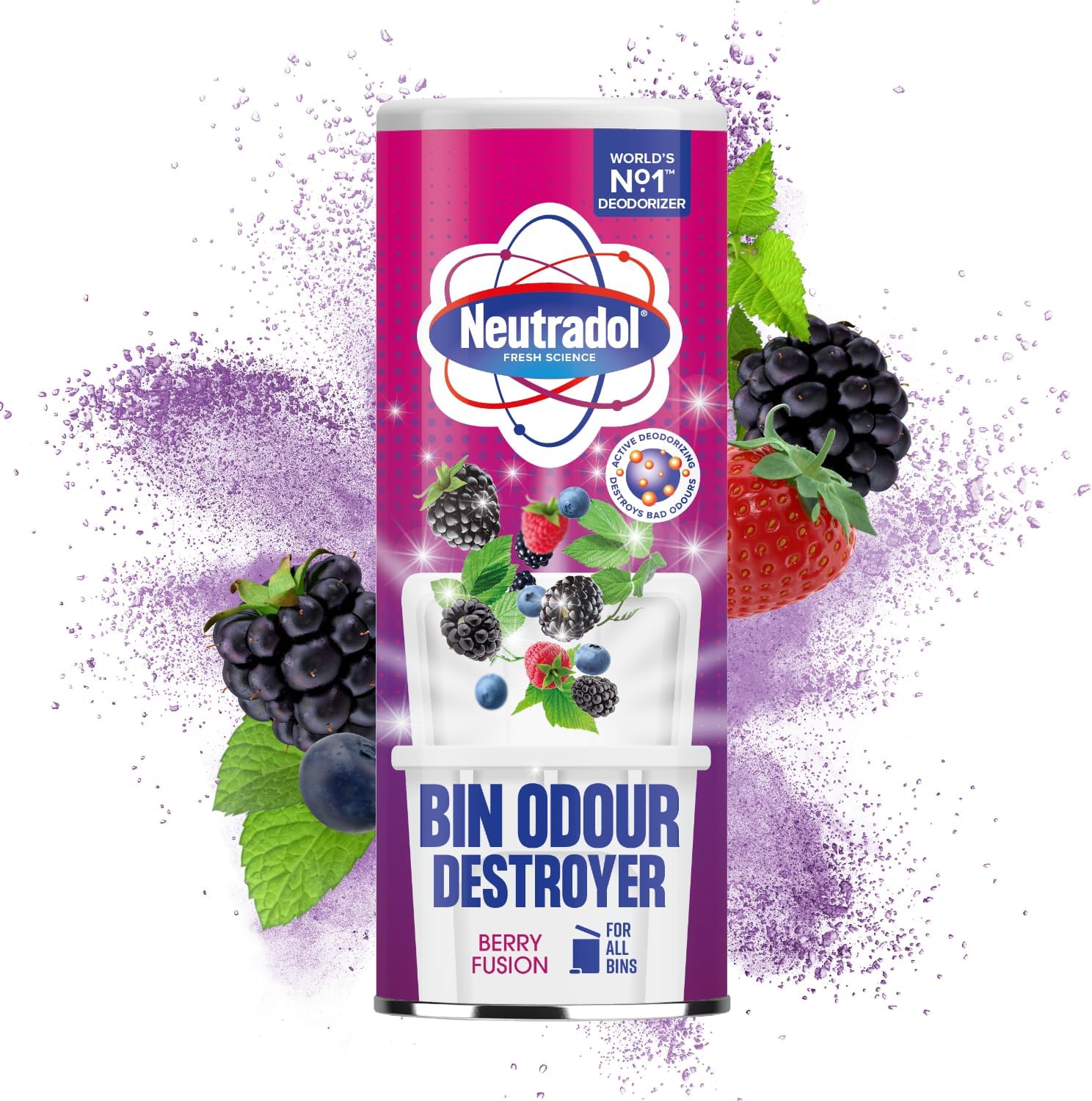 Neutradol Dustbin Odour Destroyer, Bin Freshener Deodorising Powder, Odour Eliminator For Indoor & Outdoor Bins, Berry Fusion, Multipack Of 6 X 350G