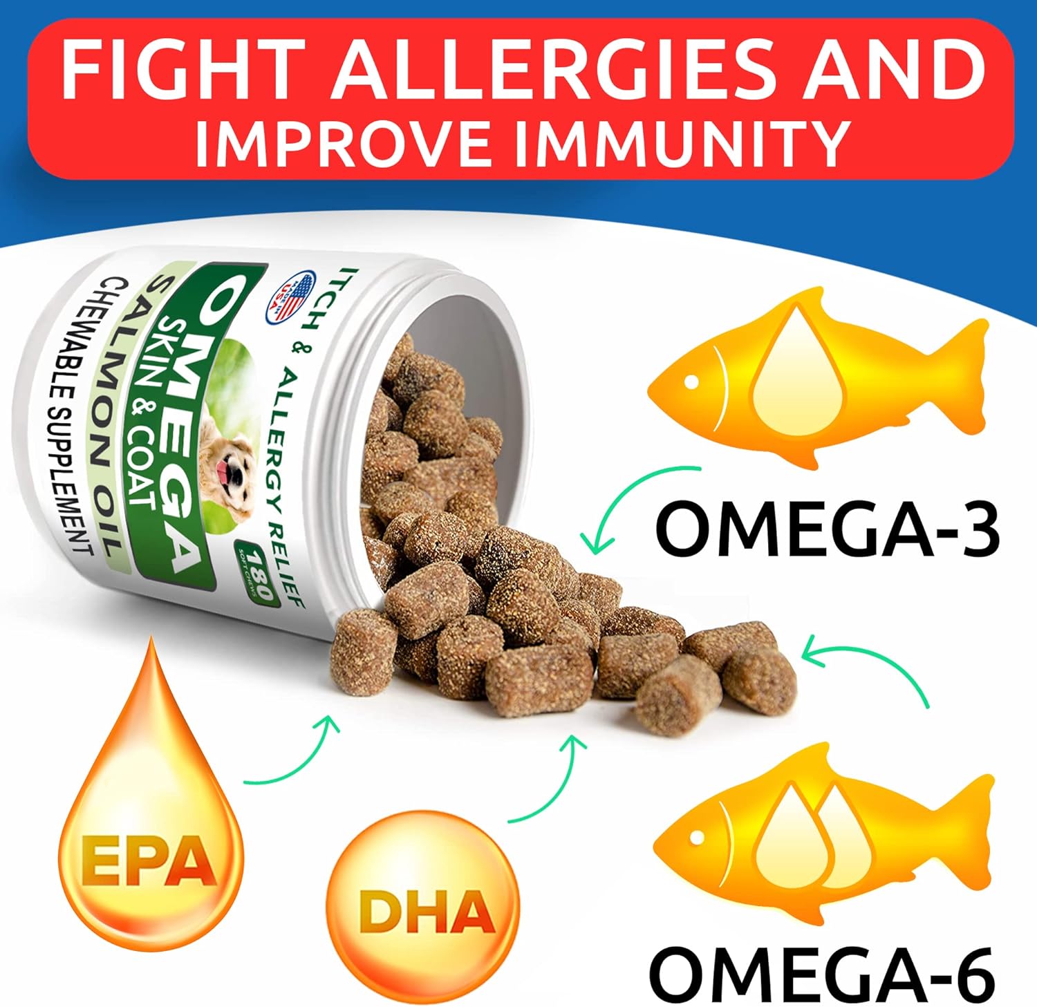 Allergy Relief + Omega 3 + Probiotics & Digestive Enzymes Bundle - Anti-Itch Skin & Coat + Joint Health + Pet Diarrhea Gas Treatment - Fish Oil + EPA & DHA Fatty Acids - 420 Chews - Made in USA : Pet Supplies
