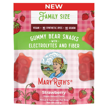 Maryruth Organics Gummy Bears Snacks | Delicious Gummies With Electrolytes And Fiber | Gummy Candy Made With Organic Cane Sugar | Strawberry | Vegan, Pectin Based | Family Size | 240G