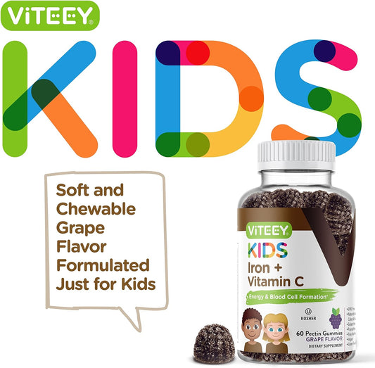 Iron Gummies For Kids With Vitamin C - Supports Energy, Blood Cell Formulation, Blood Builder Anemia Kids Iron Supplements - Vegan, Gelatin Free, Gluten Free - Tasty Chewable Grape Flavored Gummy