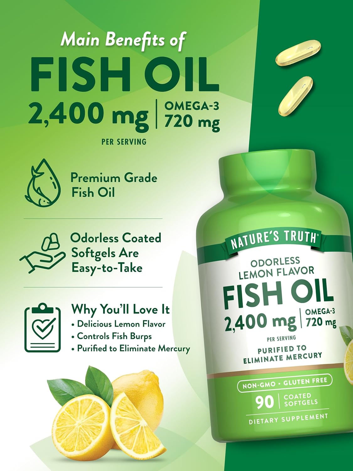 Nature'S Truth Fish Oil Omega 3 Supplement | 2400Mg | 90 Softgels | Lemon Flavor | Odorless | Non-Gmo & Gluten Free