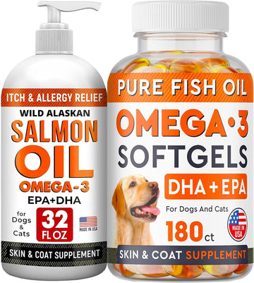 32Oz Salmon Oil Omega 3 + Omega 3 Fish Oil Pills For Dogs Bundle - Joint Health - Allergy Relief - Itch Relief, Shedding - Skin And Coat Supplement - Omega 3 6 9 - Epa & Dha Fatty Acids - Usa