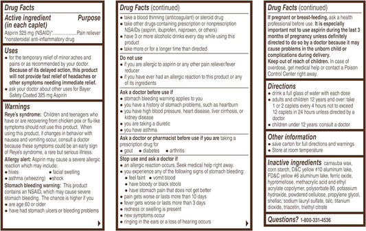 Bayer Aspirin Safety Coated 325 Mg Caplets 100 Caplets, Pack Of 2100 C
