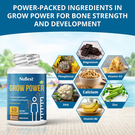 Nubest Grow Power - Calcium Supplement - Magnesium Supplement With Vitamin D3, B6, Zinc, Phosphorus And Multivitamin For Strong Bones, Overall Health For Age 10+ | 60 Capsules | 1 Month Supply