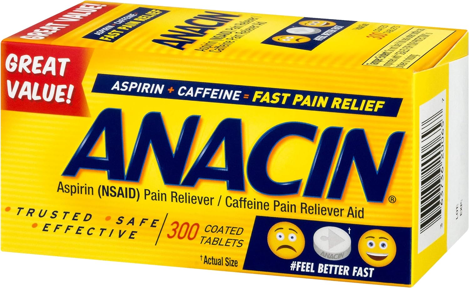 Anacin Aspirin/Caffeine Pain Reliever Aid | Fast Pain Relief | 300 Tablets : Health & Household