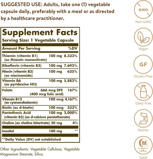Solgar B-Complex "100", 150 Vegetable Capsules - Heart Health - Nervous System - Supports Energy Metabolism - Non Gmo, Vegan, Gluten/ Dairy Free, Kosher, Halal - 150 Servings