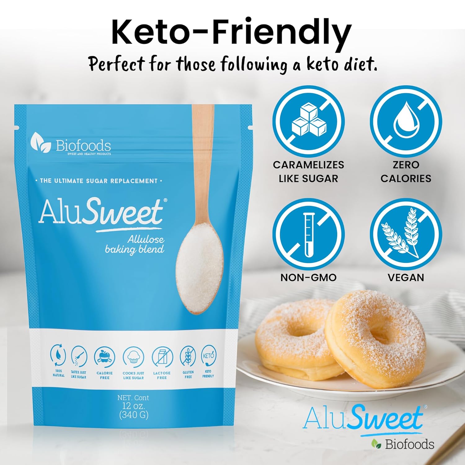 Alusweet Allulose Sweetener Zero Calorie - 12 Oz - 1:1 Sugar Substitute, Keto-Friendly, Gluten-Free, Non-Glycemic, Plant-Based Sugar Substitute For Baking, Coffee, Cooking And Drinks