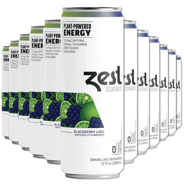 Zest Plant Powered Natural Energy Sparkling Drink - Blackberry Lime - Caffeine + L-Theanine - 12Oz Can, 12 Pack - Zero Sugar, 0 Calories, Whole 30, Healthy Coffee Substitute, Non Gmo High Caff Blend