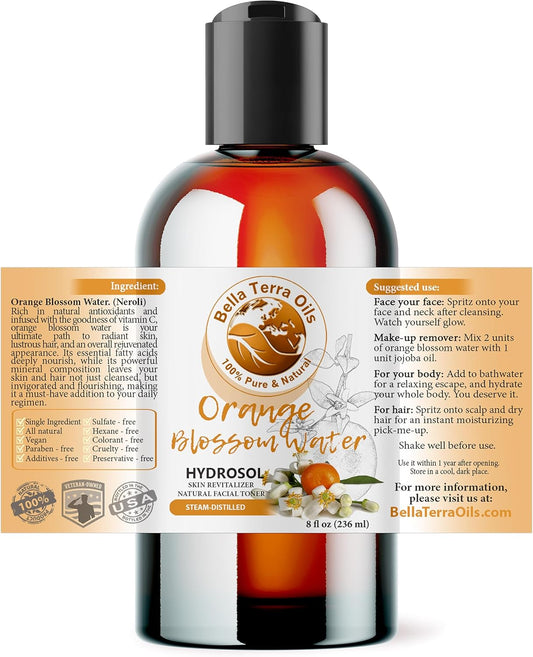 Bella Terra Oils - Organic Neroli Water 8 oz - A Gem of Hydrosol Waters, Infused with Limonene & Linalool, Revel in The Magic of Orange Blossom Toner