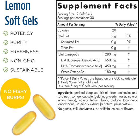 Nordic Naturals ProOmega, Lemon Flavor - 60 Soft Gels - 1280 mg Omega-3 - High Potency Fish Oil with EPA & DHA - Promotes Brain, Eye, Heart, & Immune Health - Non-GMO - 30 Servings