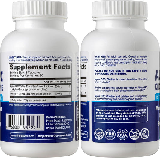 Alpha Gpc 600Mg + Uridine, A Choline Enhancer. Better Than Alpha-Gpc Or Uridine Alone. Best Choline Source: 2In1, Soy Free, No Fillers, 60 Pills, Acetylcholine Precursor