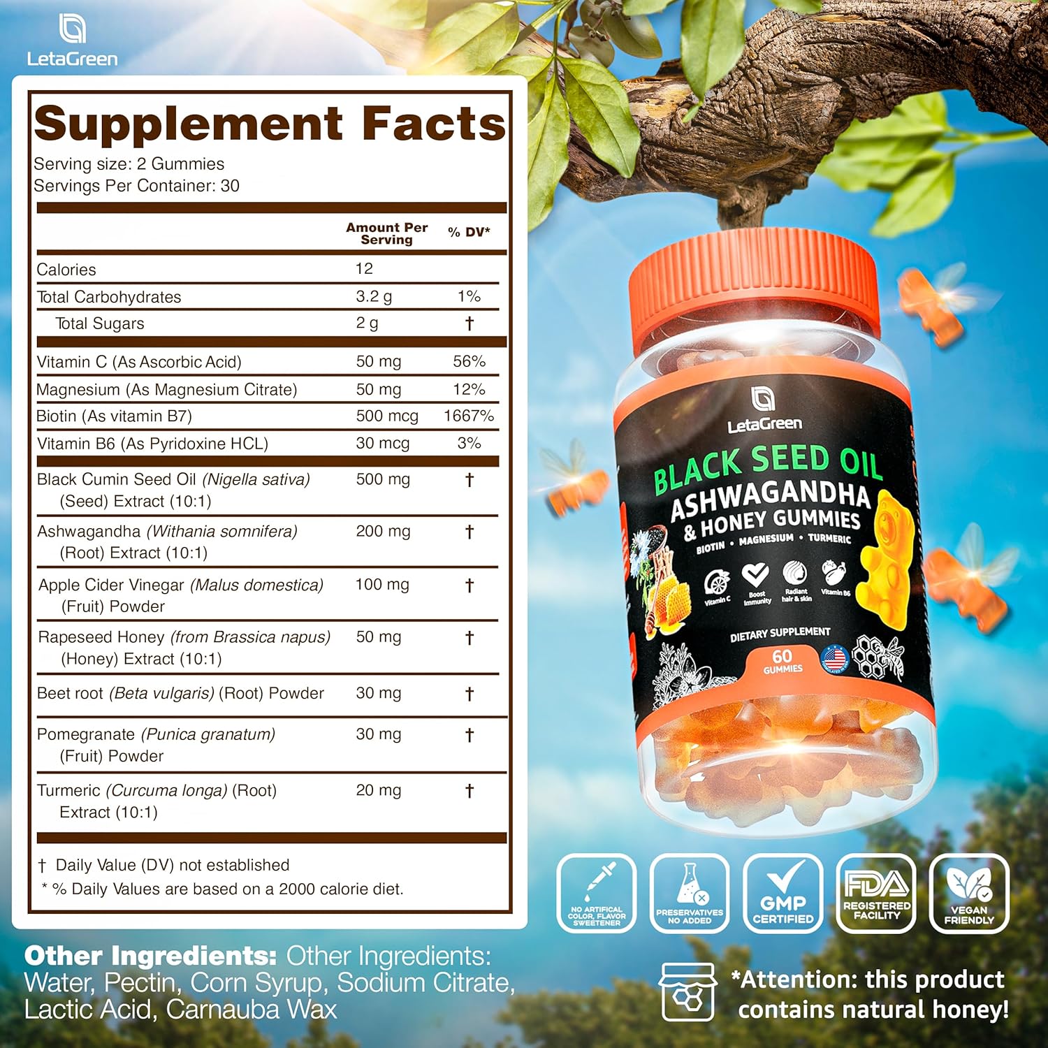 Letagreen Black Seed Oil Gummies - Black Cumin Seed Oil 500Mg Biotin 500Mcg Ashwagandha 200Mg Acv 100Mg Rapeseed Honey 50Mg Turmeric 20Mg Beet Root 30Mg Pomegranate 30Mg Magnesium 50Mg Vitamin B6 C : Health & Household