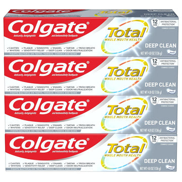 Colgate Total Toothpaste With Stannous Fluoride And Zinc, Multi Benefit Toothpaste With Sensitivity Relief And Cavity Protection, Deep Clean - 4.8 Ounce (4 Pack)