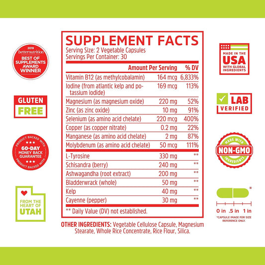 Zhou Thyroid Support Complex With Iodine Supplement, Increase Energy, Fight Brain Fog With Vitamin B12, Iodine, Magnesium, Zinc, Selenium, No Soy, Gluten-Free