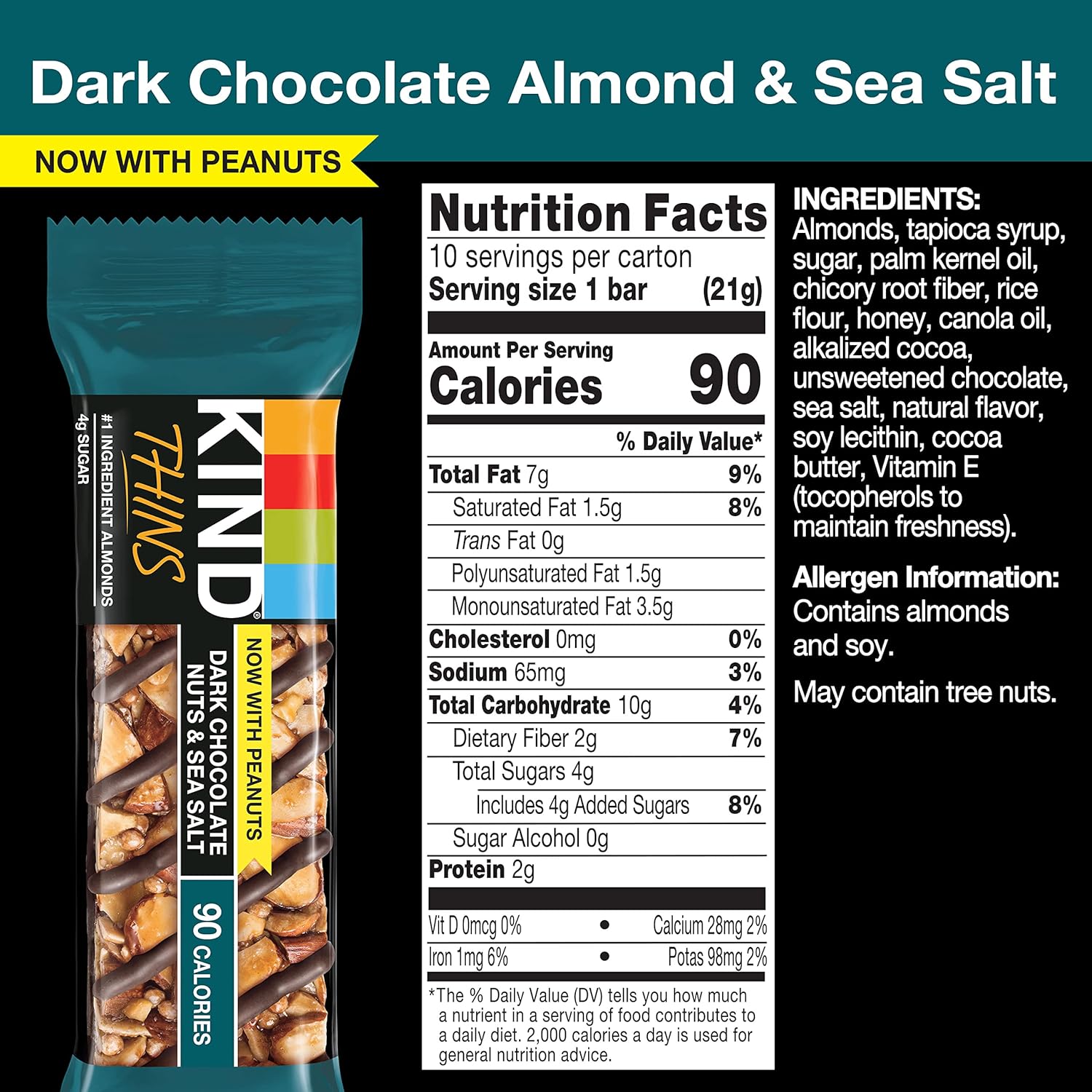 Kind Thins Dark Chocolate Nuts & Sea Salt Bars, 0.74 Ounce, 10 Count, Gluten Free Bars, 4G Sugar (60 Bars)