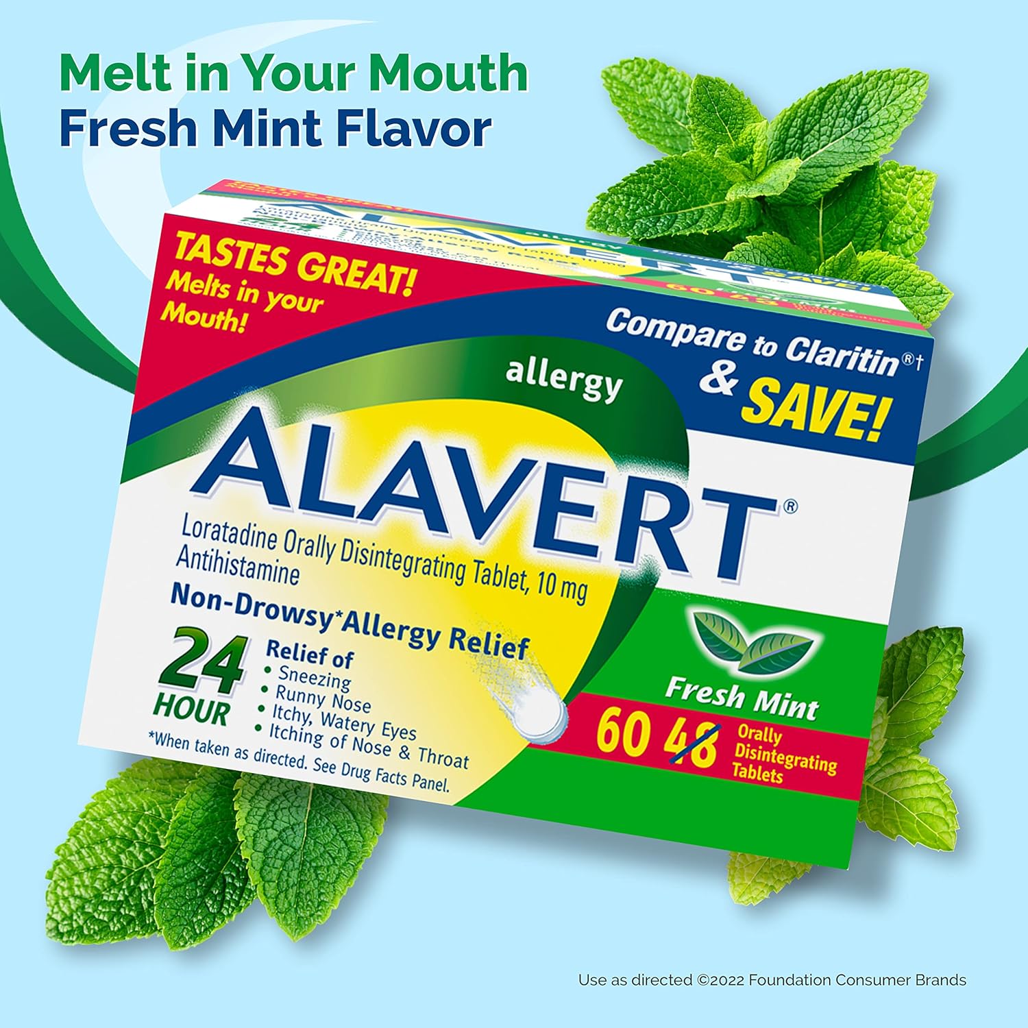 Alavert Allergy 24 Hour Relief, Fresh Mint Flavor, Orally Disintegrating Allergy Tablets, Non-Drowsy Antihistamine, Loratadine 10Mg, 60 Count : Health & Household