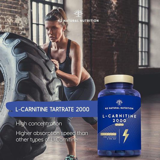 Natural L Carnitine 2000Mg 150 Capsules 75 Days (Only 2 Capsules Per Day) High Concentration Improves Sports Performance. Weight Loss, Energy Resistance. Ce Manufactured. N2 Natural Nutrition