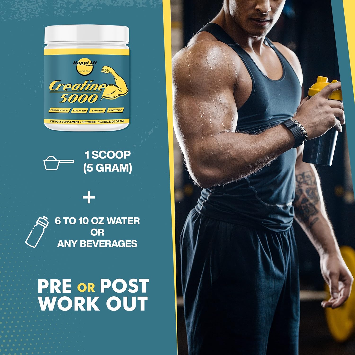 Happi Mi Nutrition Micronized Creatine Monohydrate Powder, Unflavored, Pre Workout, Post Workout, Recovery, Muscle Building, Improve Athletic Performance, 300 Gram, 5000Mg Per Serving, 60 Servings : Health & Household
