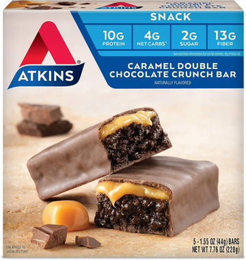 Atkins Caramel Double Chocolate Crunch Snack Bar, Protein Snack, High In Fiber, 2G Sugar, Keto Friendly, 5 Count