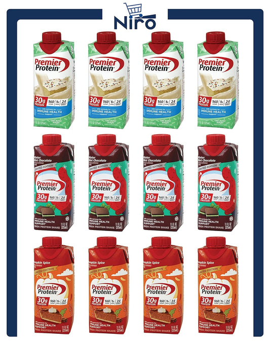 Premier Protein Shake | Winter Special - 3 Flavors (12 Pack) | Winter Mint Chocolate, Pumpkin Spice And Cake Batter Delight | Niro Assortment