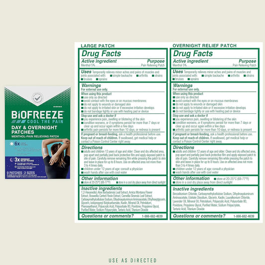 Biofreeze Day & Night Pain Relief Patches, Knee & Lower Back Pain Relief Patch, Sore Muscle Relief, Neck Pain Relief, Pharmacist Recommended, Fsa Eligible, 9 Biofreeze Menthol Patches